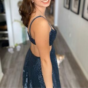 Blue Sequin Ruched High Low Cocktail Dress